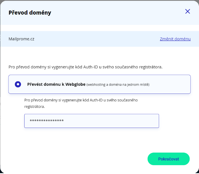 Zadání AUTHINFO pro převod domény