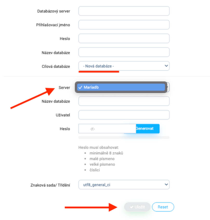 Vytvoření nové Mariadb databáze ve WebAdminu