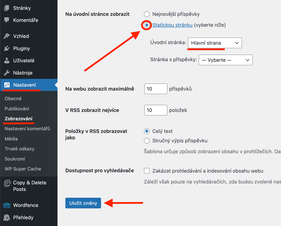 Nastavení home page ve WordPressu