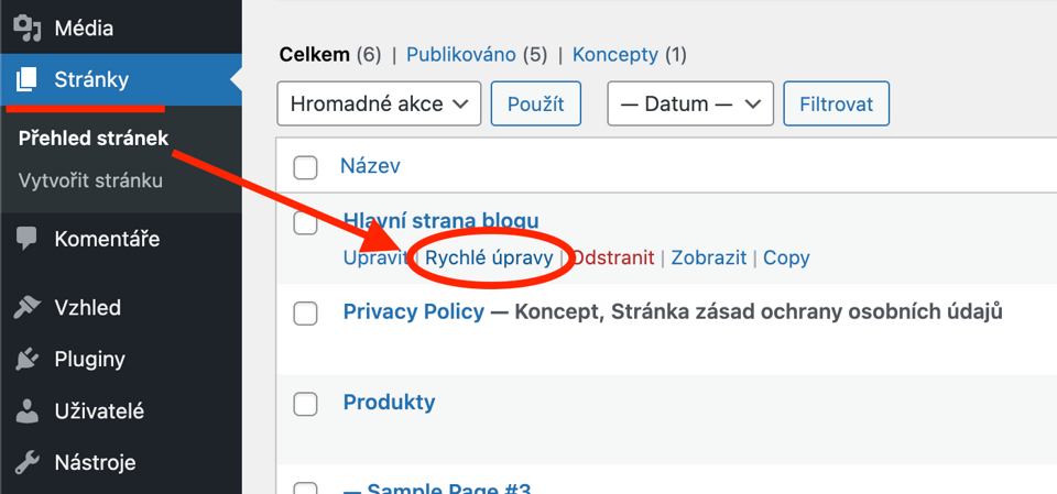 Vytvoření podstránky přes rychlé úpravy ve WP adminu – 2. krok