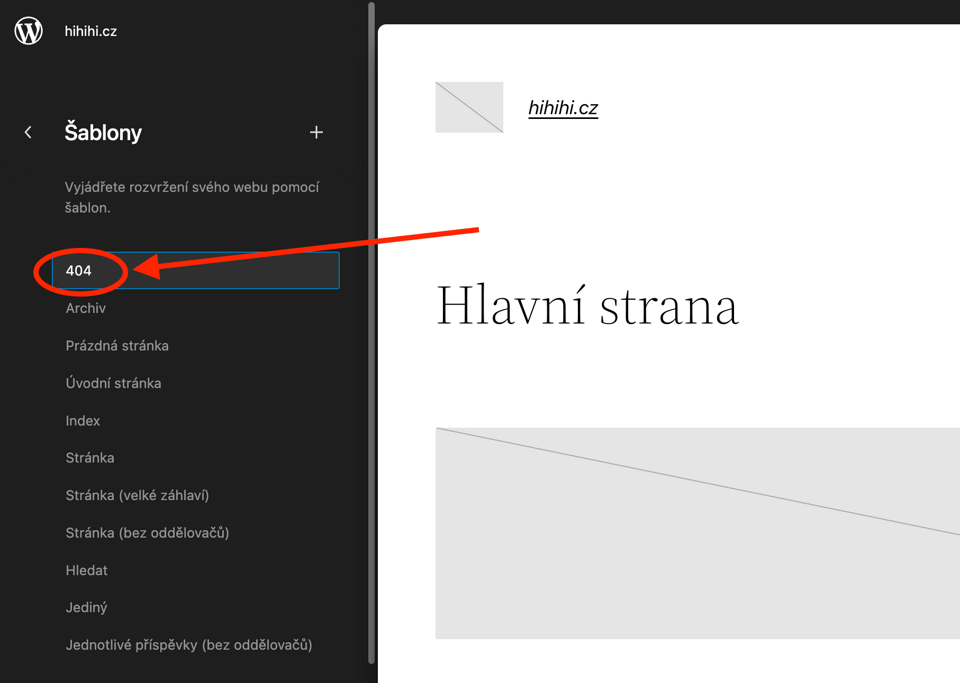 Chybová stránka 404 v editoru WP šablony