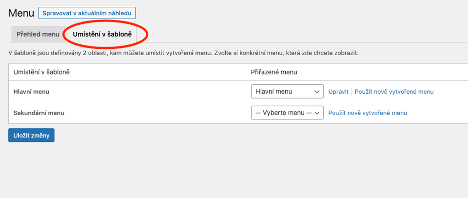 Umístění menu v šabloně WordPress