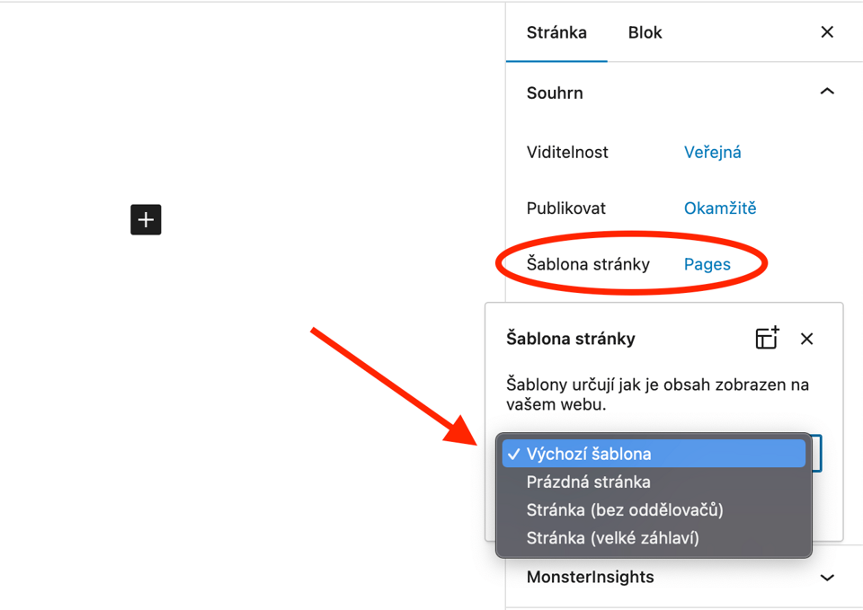 Změna šablony stránky v Gutenberg editoru