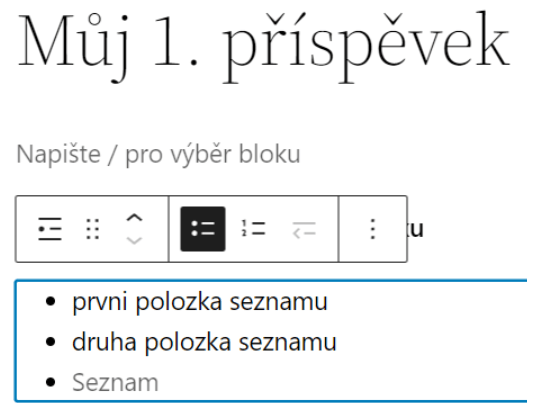 Výběr typu seznamu, odrážky nebo číselné řazení v Gutenberg editoru