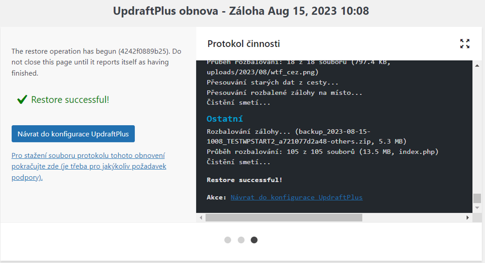 Plugin UpdraftPlus WordPress Backup obnova dokončena