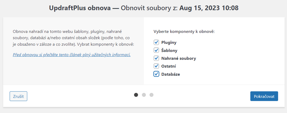 Plugin UpdraftPlus WordPress Backup výběr položek pro obnovení webu ze zálohy