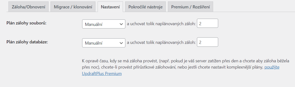 Plugin UpdraftPlus WordPress Backup nastavení plánů zálohování a počtu záloh