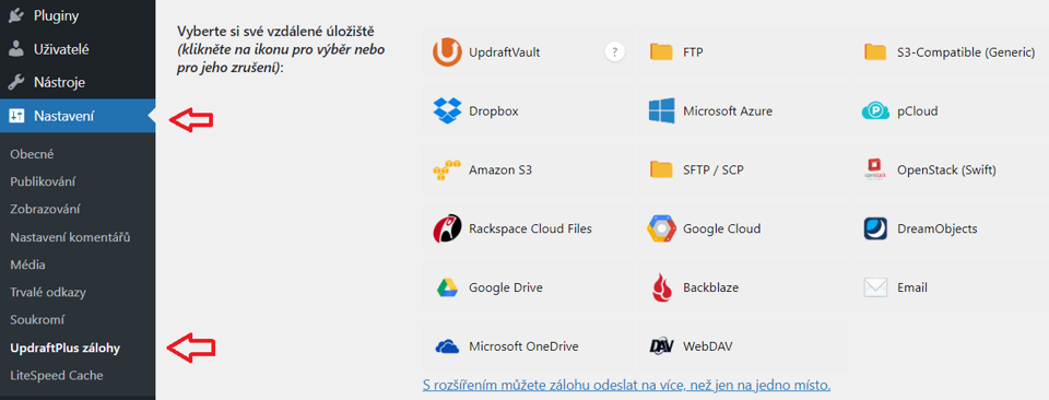 Plugin UpdraftPlus WordPress Backup nastavení vzdáleného úložiště