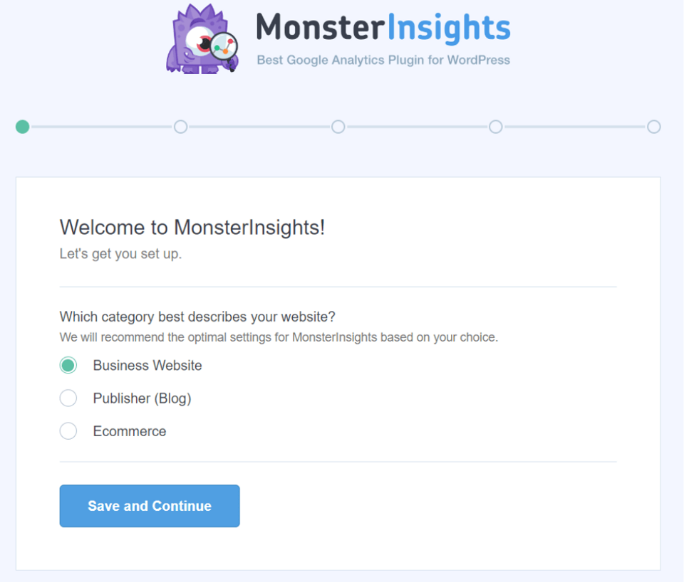 Výběr typu stránky ve WordPress pluginu MonsterInsights