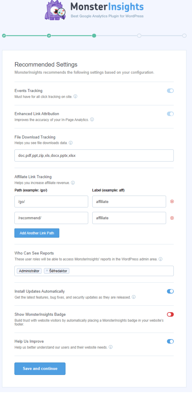 Doporučená nastavení WordPress pluginu MonsterInsights pro Google Analytics