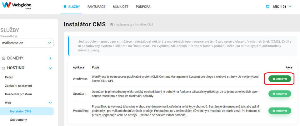 nstalace systému WordPress jedním tlačítkem v zákaznickém panelu Webglobe