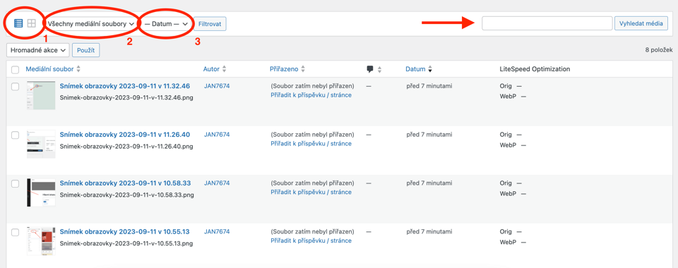 Filtrování médií v knihovně médií WordPress
