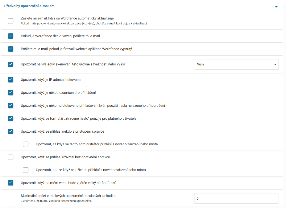 Předvolby nastavení e-mailových notifikací Worrdfence