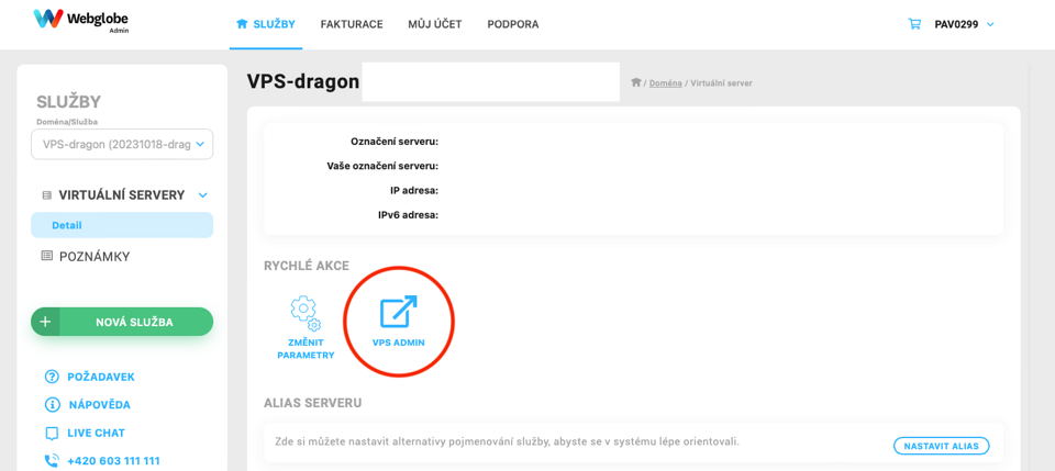 Přihlášení do VPS adminu Webglobe