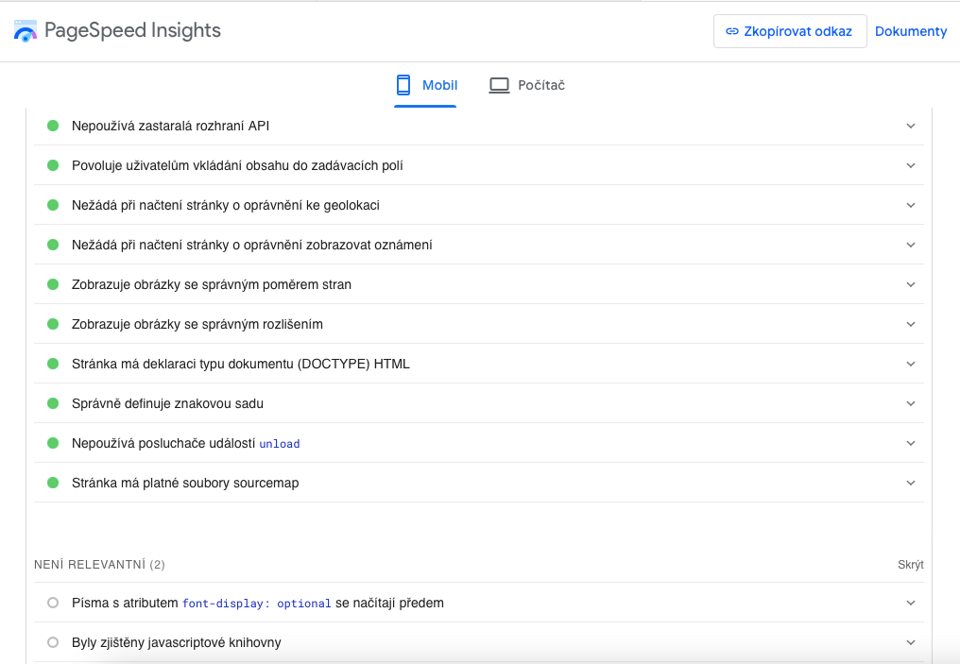 Screenshot analýzy z PageSpeed Insights v češtině