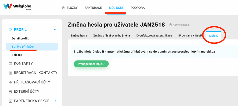 Propojení MojeID ve Webglobe adminu