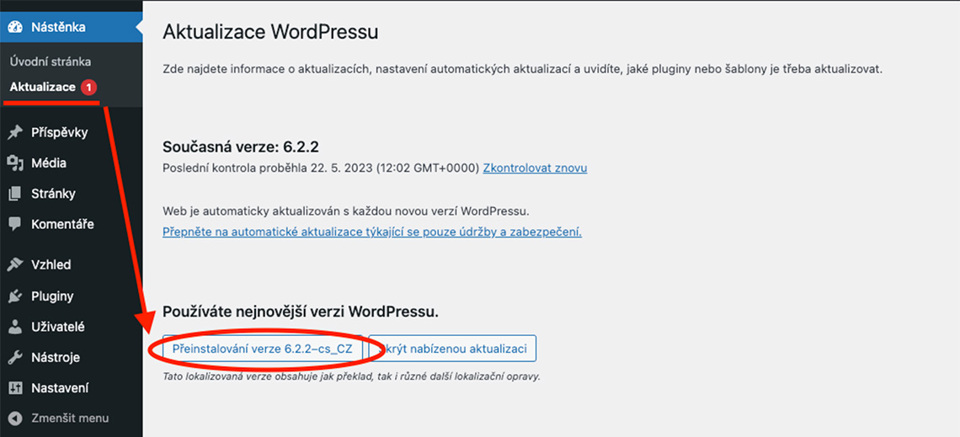 Přeinstalování a aktualizace WordPress.