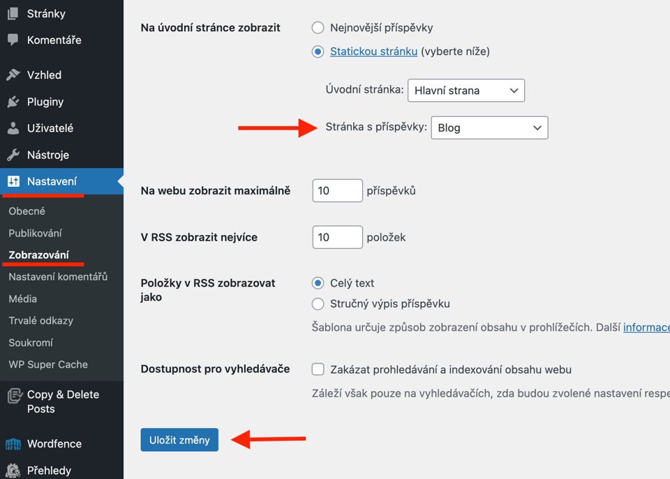 Nastavení hlavní stránky blogu ve WordPressu